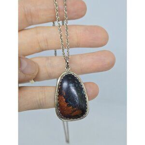 Vtg Native American Sterling Silver Blood Stone Pendant & Necklace SIGNED BJR